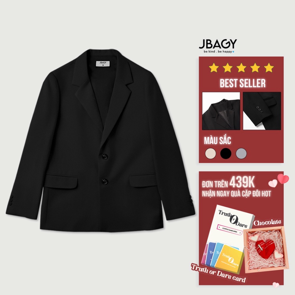 Áo khoác blazer nam form rộng hàn quốc màu đen, kem 2 khuy cài thương hiệu JBAGY - JK0101 - Hàng mới về