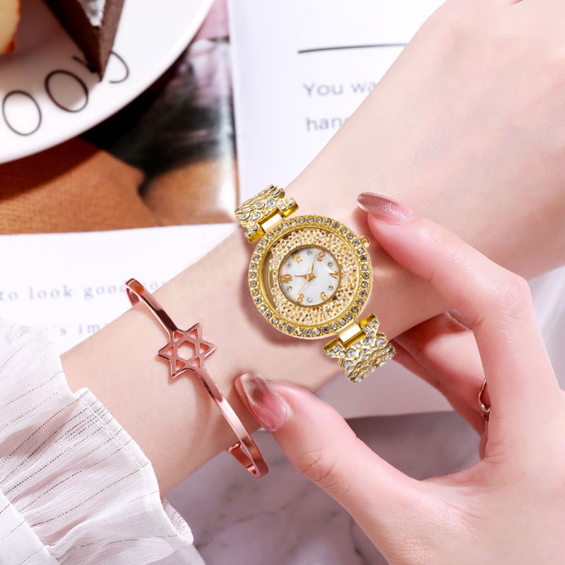 Đồng Hồ Đeo Tay Mặt Tròn Màu Vàng Hồng Đính Đá Thời Trang Hàn Quốc Cho Nữ