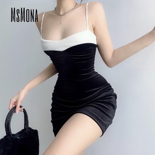 MsMona Thời trang nữ Màu sắc tương phản lệch vai Slim Fit Váy Mini gợi cảm