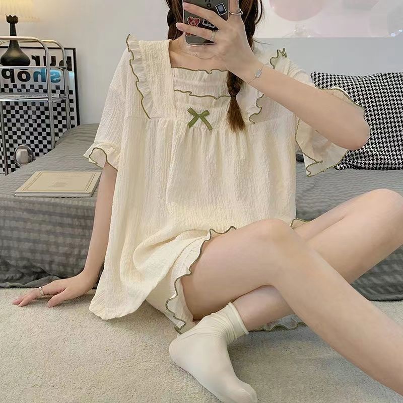 Bộ Đồ Ngủ Tay Ngắn Chất Cotton Mỏng Nhẹ Đính Nơ Thời Trang Mùa Hè Xinh Xắn Cho Nữ