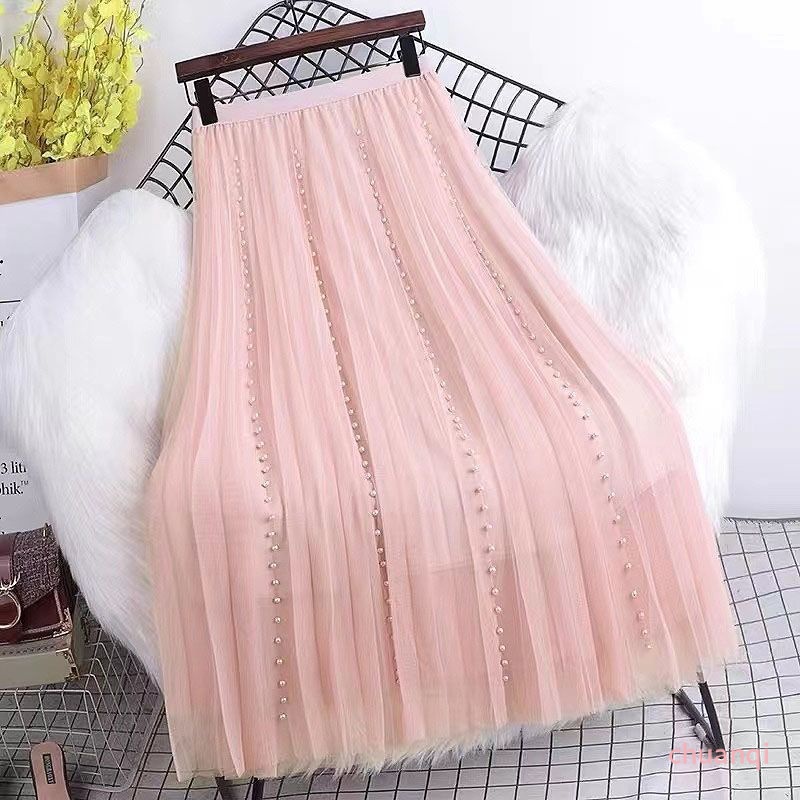 Chân Váy Chữ A Lưng Cao Phối Lưới Đính Hạt Thời Trang Mới Cho Nữ