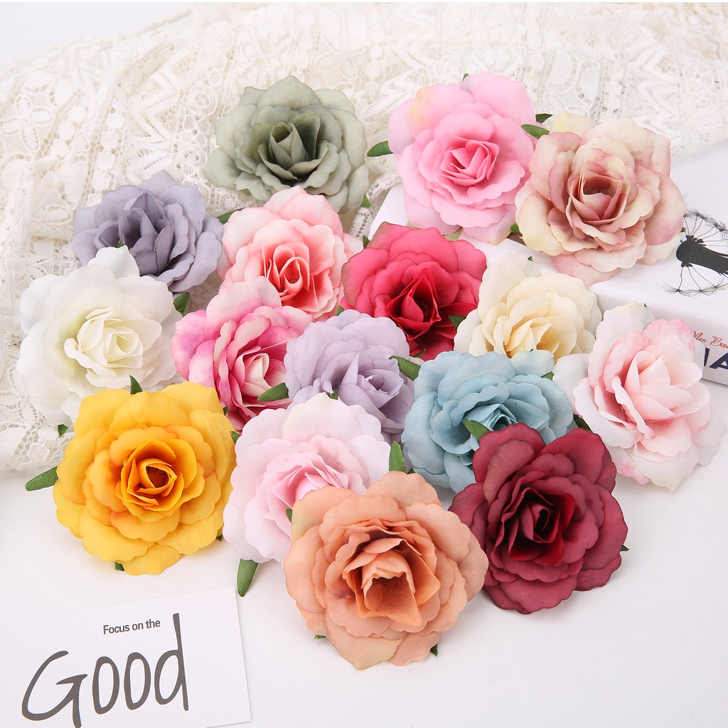 Set 10 Bông Hoa Hồng Giả 7cm Bằng Lụa Chất Lượng Cao Trang Trí Nhà Cửa / Tiệc Cưới / Sân Vườn DIY