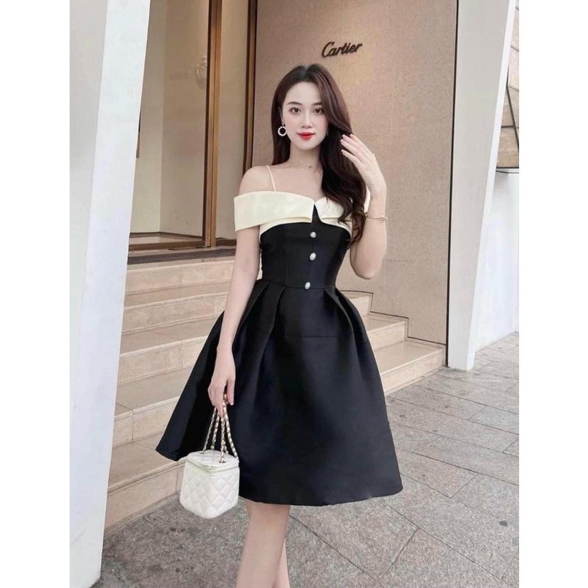 Đầm cúp ngực ôm eo dáng Xòe 2 Dây Tapta Trể Vai Phối Nơ Màu Sắc Nhã Nhặn Phù Hợp Để Tới Công Sở, Đi Làm Hoặc Đi Chơi