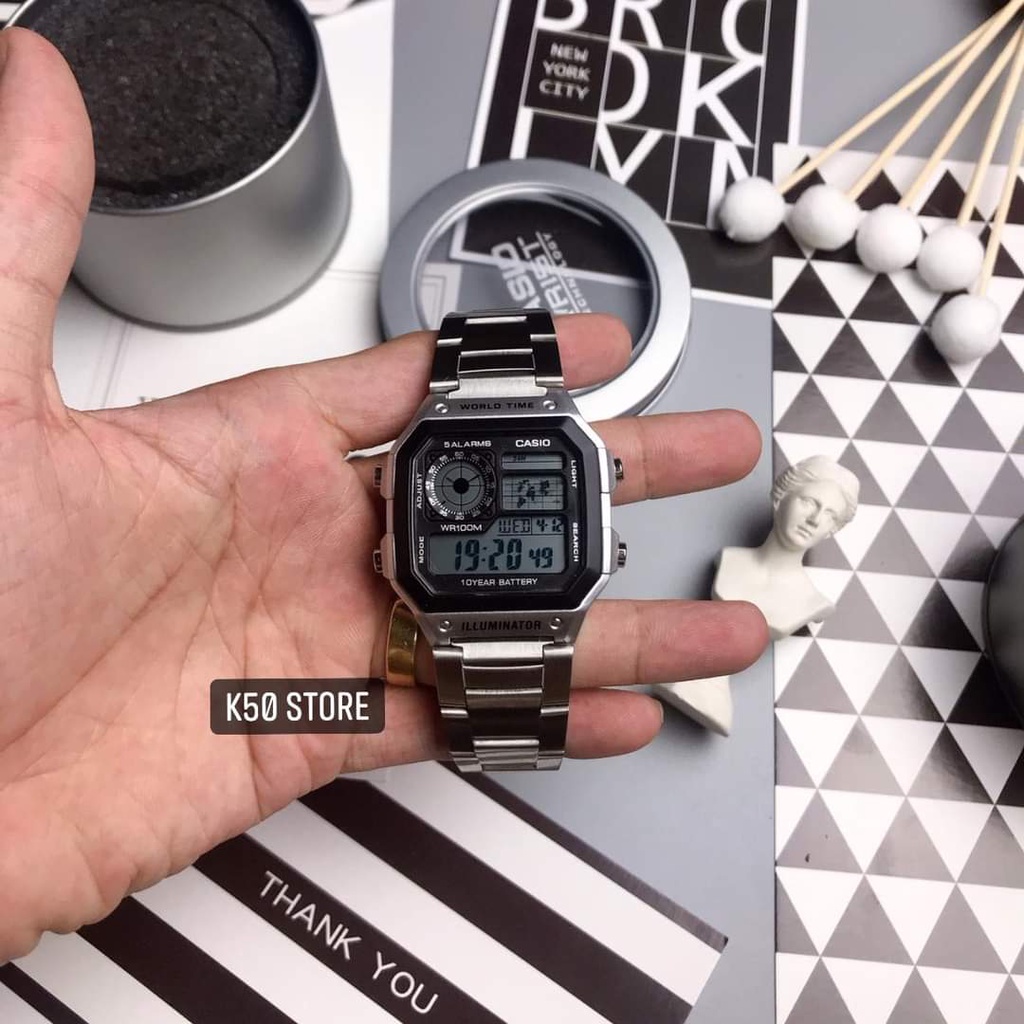 ĐỒNG HỒ NAM NỮ  AE1200 WHD Dây Kim loại chống nước tốt mặt vuông đủ màu