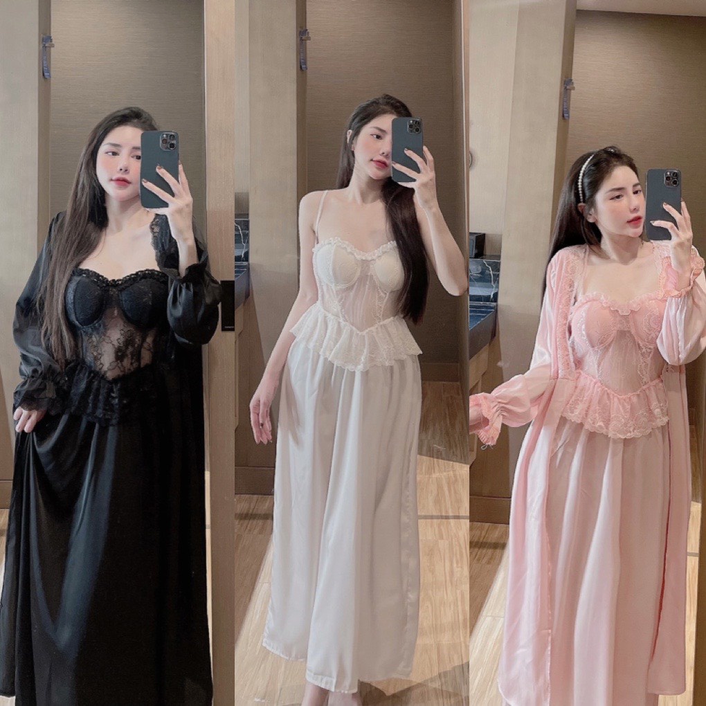 Đầm ngủ nữ 2 dây Sexy dáng dài kèm áo choàng siêu mượt mát freesize DDD100103 | Nguyễn Hương Store