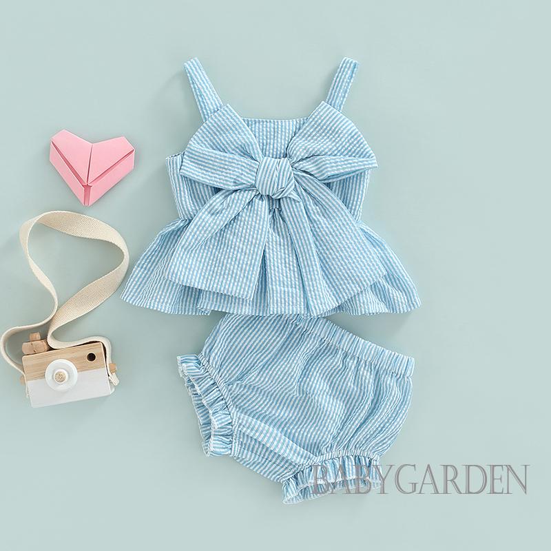 Bộ Áo Hai Dây Đính Nơ Kẻ Sọc + Quần Short Lưng Cao Thời Trang Xinh Xắn Cho Bé Gái 0-18 Tháng Tuổi