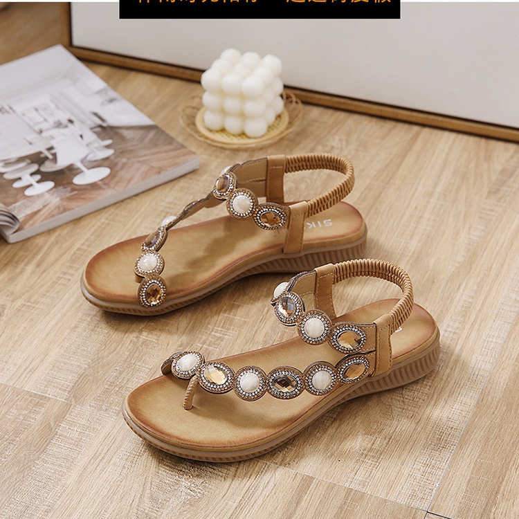 Giày Sandal Bệt Mũi Tròn Đính Đá Size Lớn 41 42 Phong Cách Bohemian