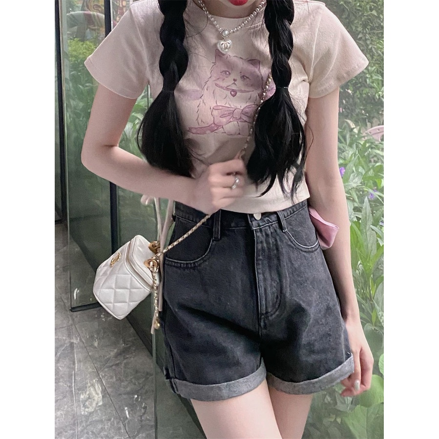 COZOK Áo Thun Ngắn Tay In Hình Mèo Thời Trang Mùa Hè Năng Động