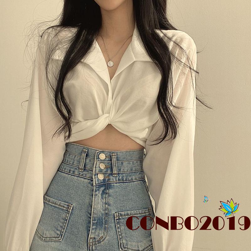 Áo Croptop Tay Dài Cổ Chữ V Màu Sắc Thanh Lịch Cho Nữ