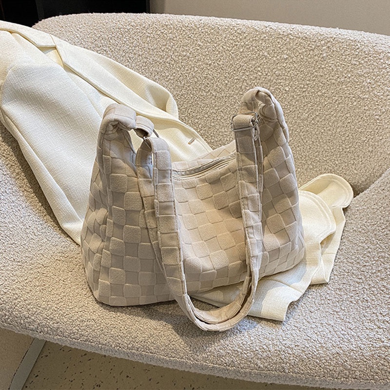 JUSTSTAR Túi tote JUSTSTAR đeo vai họa tiết sọc caro màu trơn phong cách Hàn Quốc thời trang cho nữ