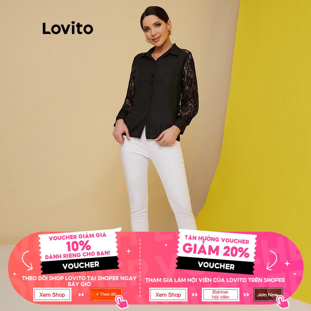 18de-Áo kiểu Lovito có cổ phối ren tương phản thanh lịch L17X345 (màu đen)