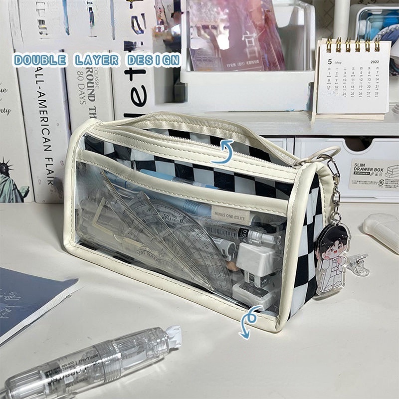 Túi Đựng Bút Chì Kẻ Ô Màu Trắng Đen Trong Suốt Sức Chứa Lớn RYVN