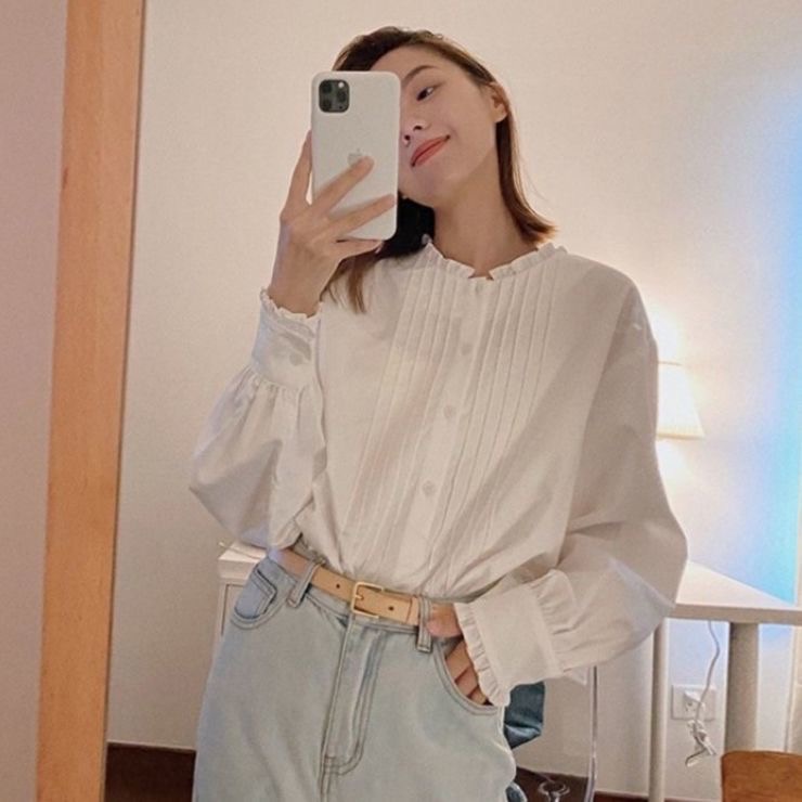 Áo Sơ Mi Tay Dài Cổ Đứng Màu Trơn Phong Cách Hàn Quốc Ngọt Ngào