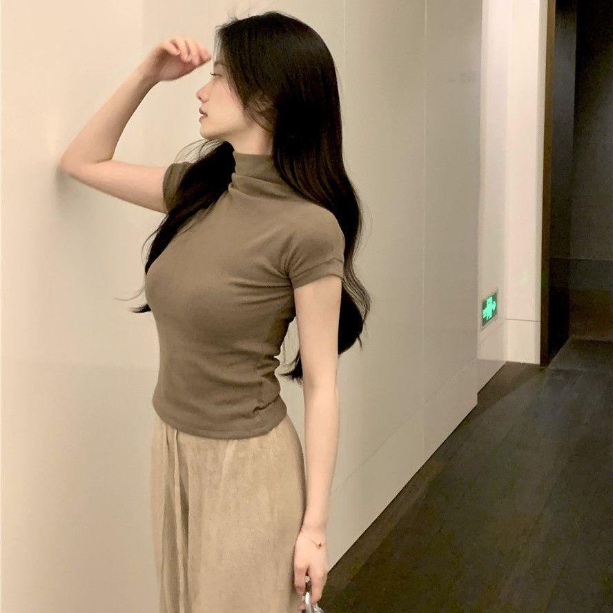Áo Thun Cotton Ngắn Tay Cổ Cao Ôm Dáng Thời Trang Mùa Hè Cho Nữ