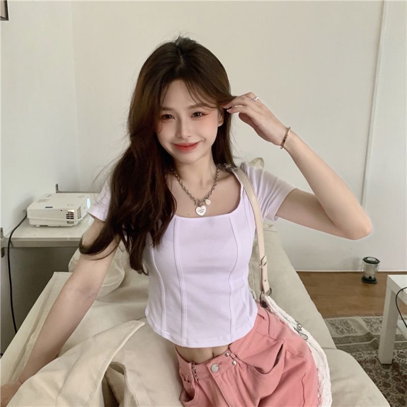 COZOK Áo Thun Nữ Tay Ngắn Cổ Vuông Phong Cách Hàn Quốc