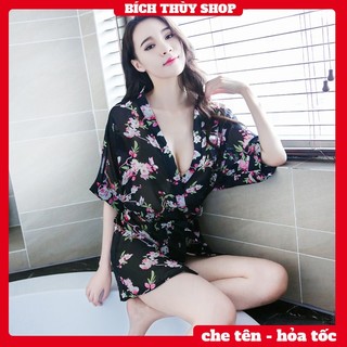 Áo choàng ngủ xuyên thấu sexy kiểu kimono in hoa lá hàng nhập cao cấp BT028A