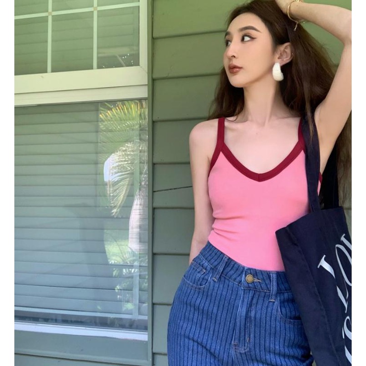 Áo Có Mút Đệm Ngực Màu Sắc Tương Phản Độc Đáo Phong Cách Pháp Thời Trang Mùa Hè Cho