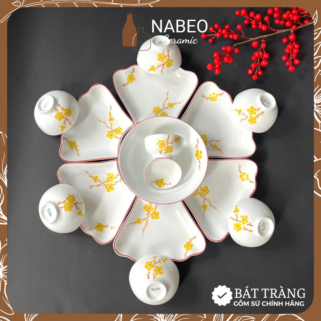 Bộ Bát Đĩa Gia Tiên Mai Vàng Vẽ Kĩ, Bộ Hoa Mặt Trời Thắp Hương, Đường Kính 45cm - Gốm Sứ Bát Tràng