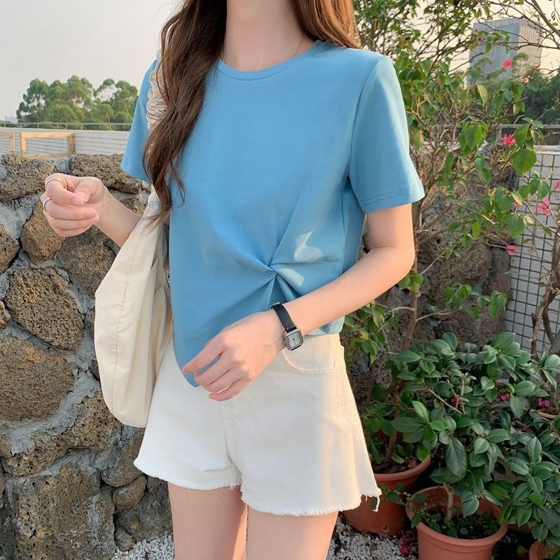 Linki ❆ Áo Thun Ngắn Tay Màu Trơn Thiết Kế Lệch Tà Thời Trang Cho Nữ