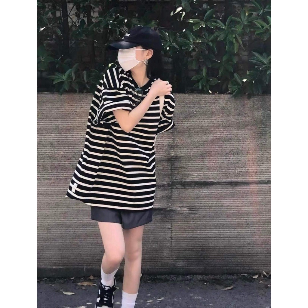 Bộ Thun Kẻ Đen Quần Short Nữ [FREESHIP]  Set áo phông tay lỡ kèm quần đùi kaki form oversize Ulzzang