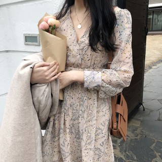 Váy hoa nhí dáng dài / đầm hoa nhí ulzzang cổ v thắt nơ eo ORDER - kèm ảnh thật