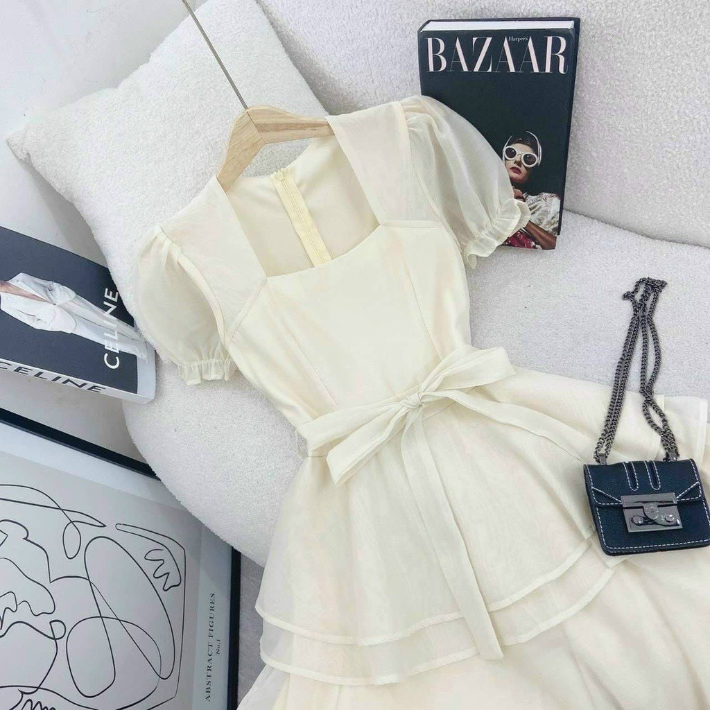 (Mẫu mới 2023) Váy đầm nữ dáng xòe tay bồng xếp tầng cột dây eo nữ tính dể thương