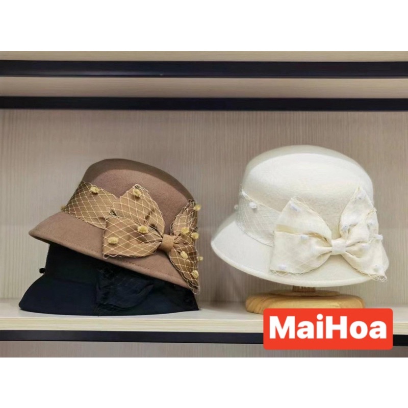 Mũ dạ chuông nhỏ nơ lưới cho nữ