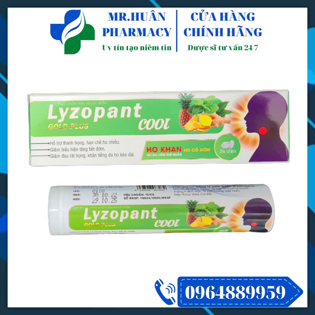 Viên ngậm ho Lyzopant Gold Plus Cool (Hộp 24 viên) - Hỗ trợ thanh họng, hạn chế ho nhiều, giảm đau rát họng.