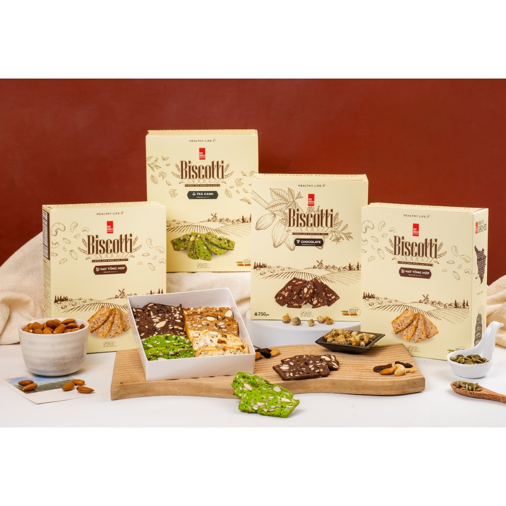 Bánh BISCOTTI Cao Cấp Phiên Bản Hộp Giấy Thương Hiệu Gạch Đỏ 250gr, Dành Cho Người Ăn Kiêng Dinh Dưỡng Tiện Lợi