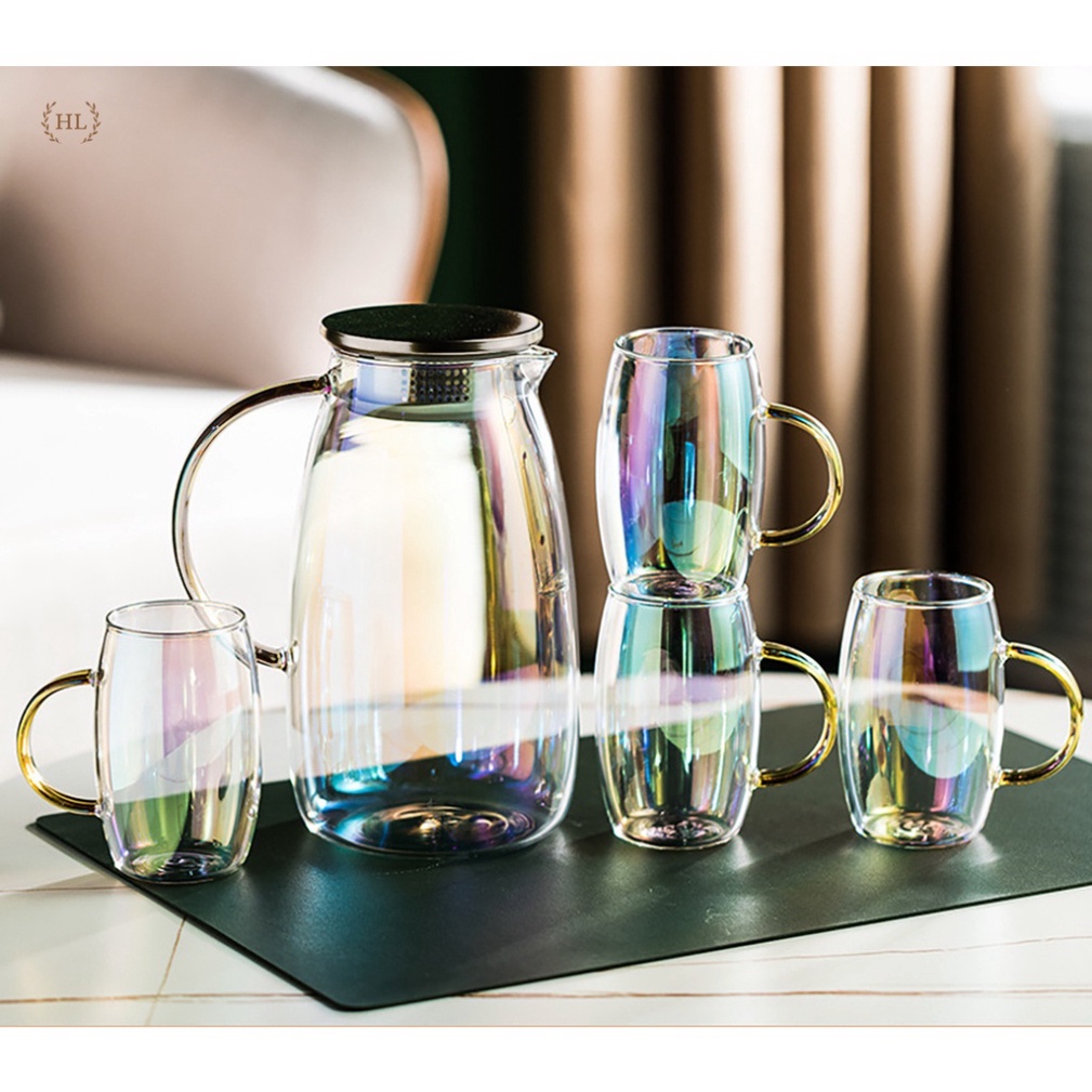 BỘ BÌNH 6 CỐC THUỶ TINH ÁNH TRAI CHỊU NHIỆT BOROSILICATE | BỘ CỐC BÌNH THUỶ TINH 7 MÀU PHA LÊ ĐẠI DƯƠNG , gia dụng decor