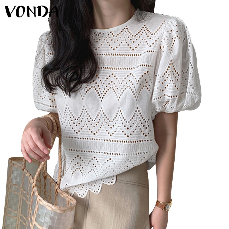 Áo kiểu VONDA tay phồng ngắn cổ tròn kiểu ren phong cách Hàn Quốc thời trang cho nữ