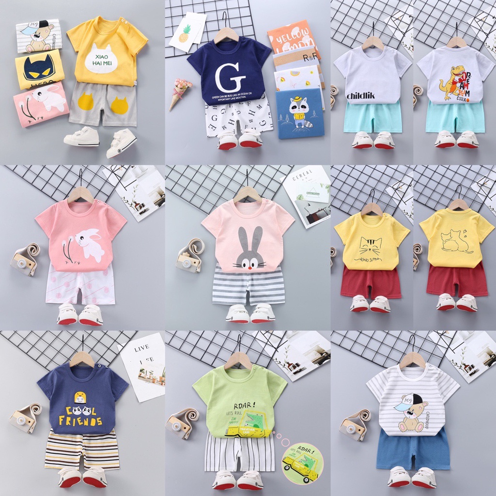 Set áo thun cộc tay và quần short vải cotton co giãn thấm hút mồ hôi thoáng mát cho bé