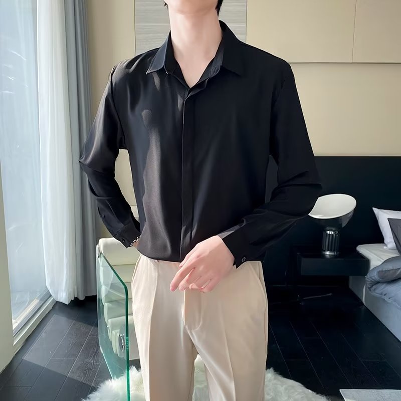 Áo Sơ Mi Vải Lụa Lạnh Mỏng Cao Cấp Dáng Rộng Tay Dài Màu Trơn Thời Trang Mùa Thu 2022 Phong Cách Hàn Quốc Cho Nam