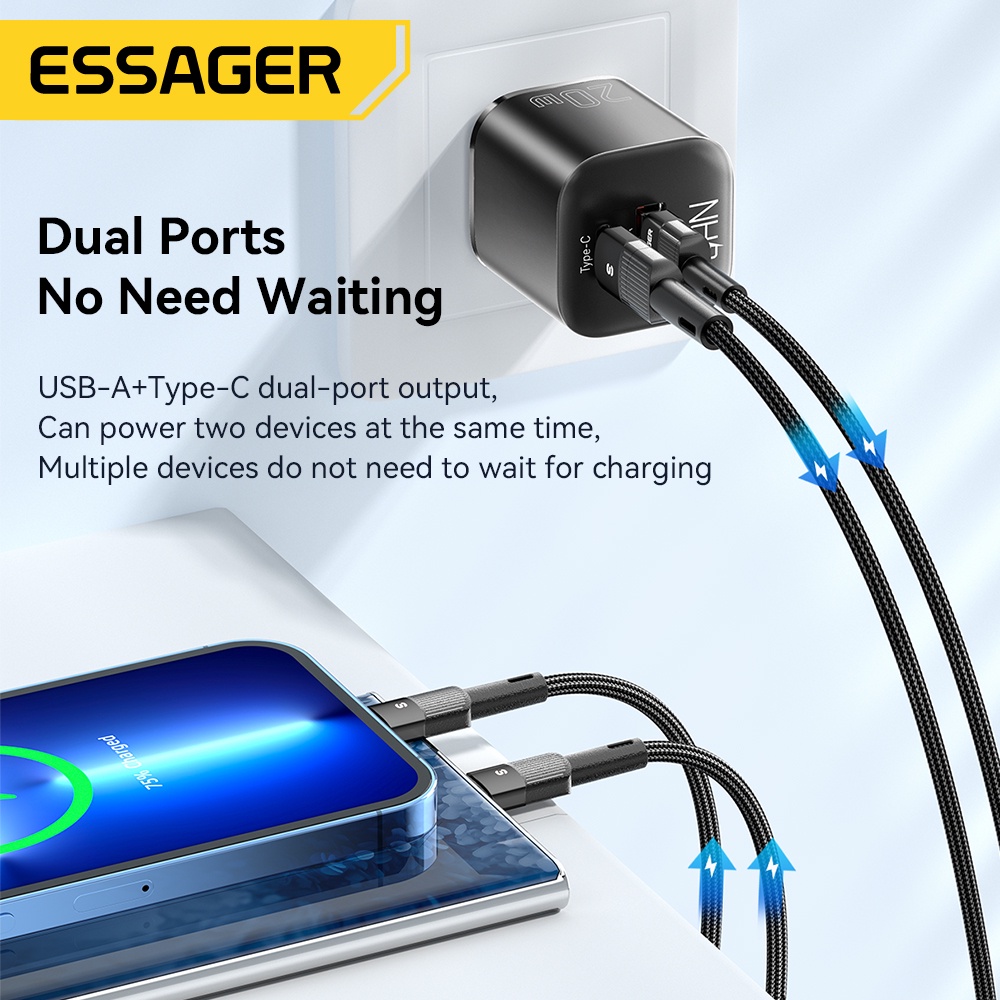 Cục sạc nhanh ESSAGER 20W GaN USB Type C QC 3.0 thích hợp cho iP 14 13 12 11 Pro Max Mini Ipod