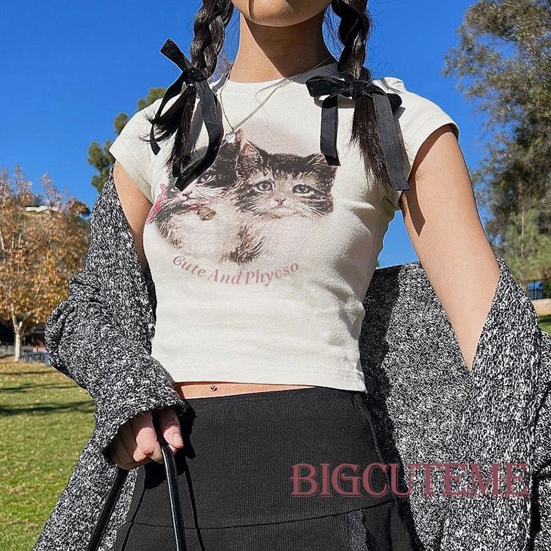 Áo Crop Top Tay Ngắn In Hình Mèo Y2K Phong Cách Cổ Điển Thập Niên 90