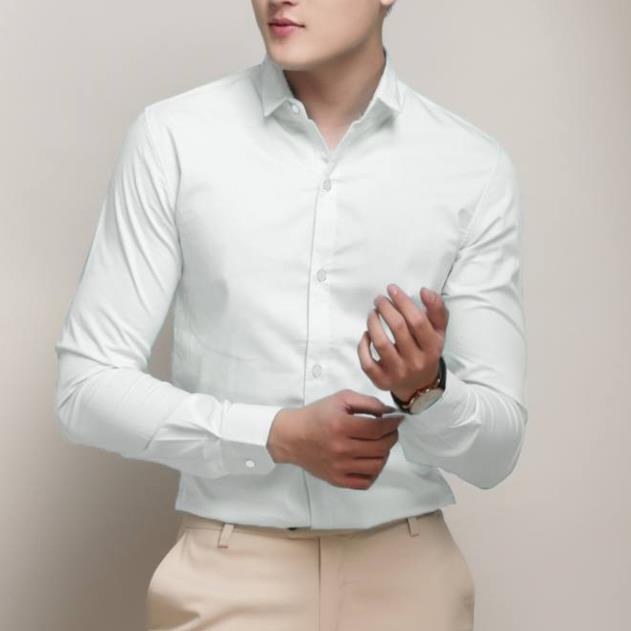 Sơ mi nam trơn trắng lụa cao cấp. lịch sự form body classic,đi học,đi làm,mặc sơ vin sang trọng,mát,ko nhăn.mồ hôi