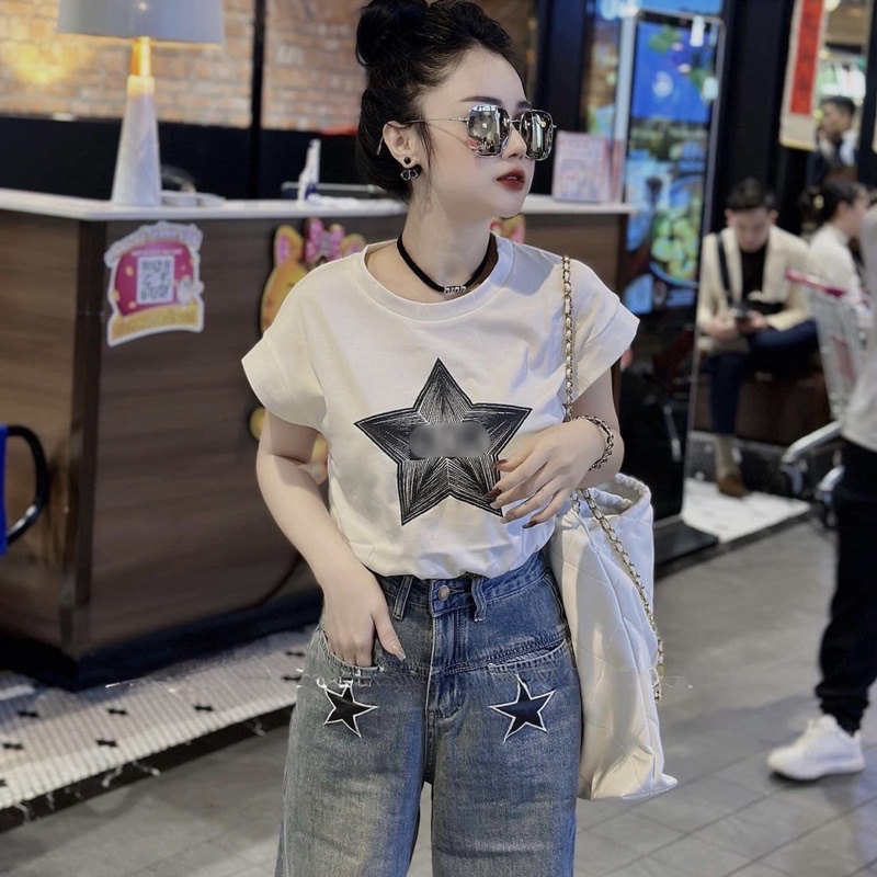 Áo Tay hến thêu chữ nổi Set bộ đũi xước DG siêu hot Chất cotton khô hàng QCCC Áo thun sát nách cổ tròn, Áo kiểu vai hến