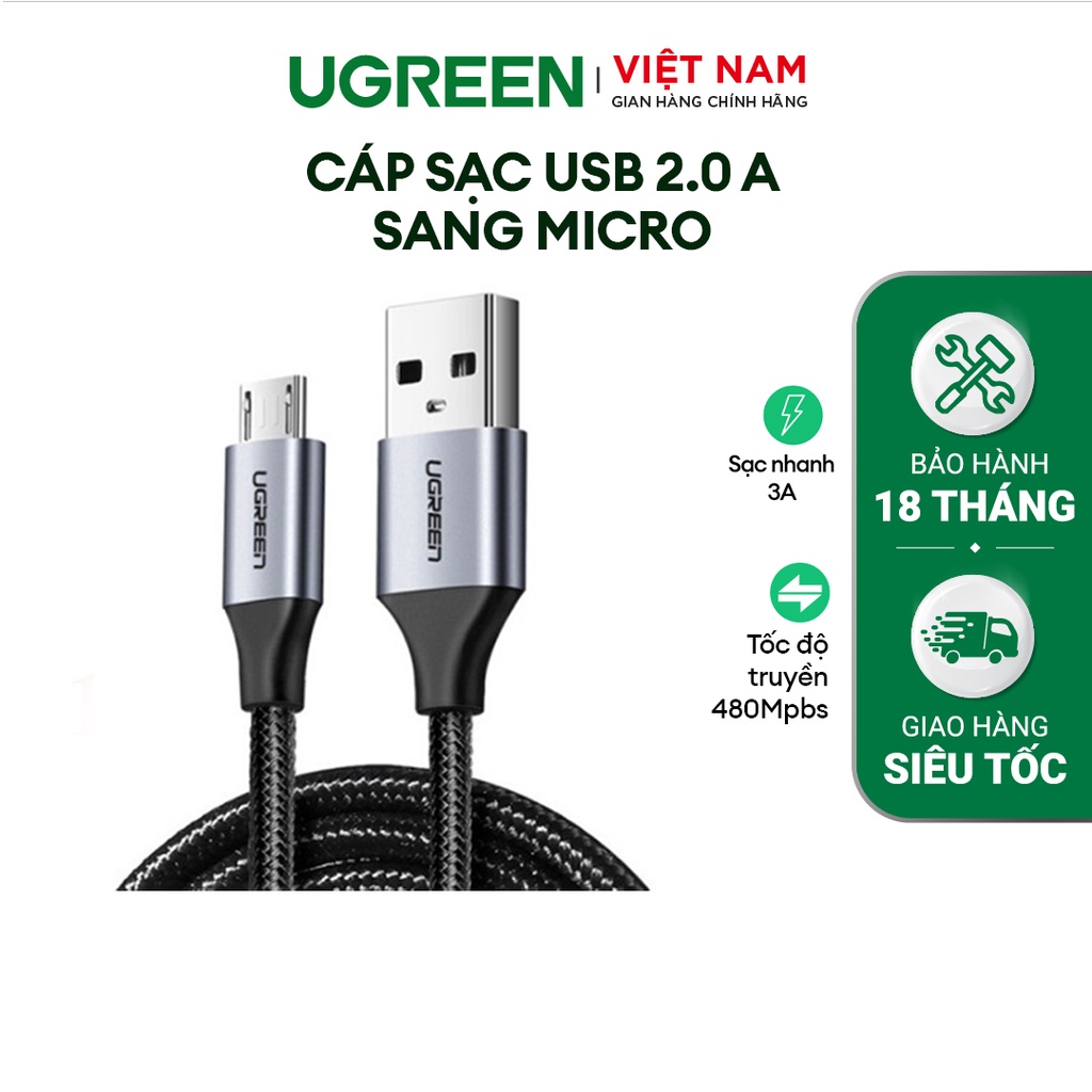 Cáp sạc USB 2.0 A sang Micro Ugreen US290 | Sạc nhanh | Vỏ sợi siêu bền | Bảo Hành 1 đổi 1 18 tháng | 60144 60145 60146