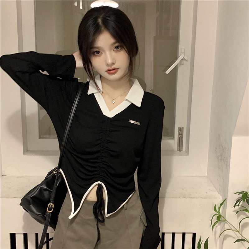 IELGYÁo polo Tay Dài Dáng Ngắn Ôm Sát Phối Dây Rút Phong Cách Hàn Quốc Thời Trang Cho Nữ
