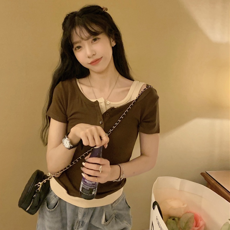 IELGY  Áo Thun Ngắn Tay Màu Sắc Tương Phản Thời Trang Cho Nữ