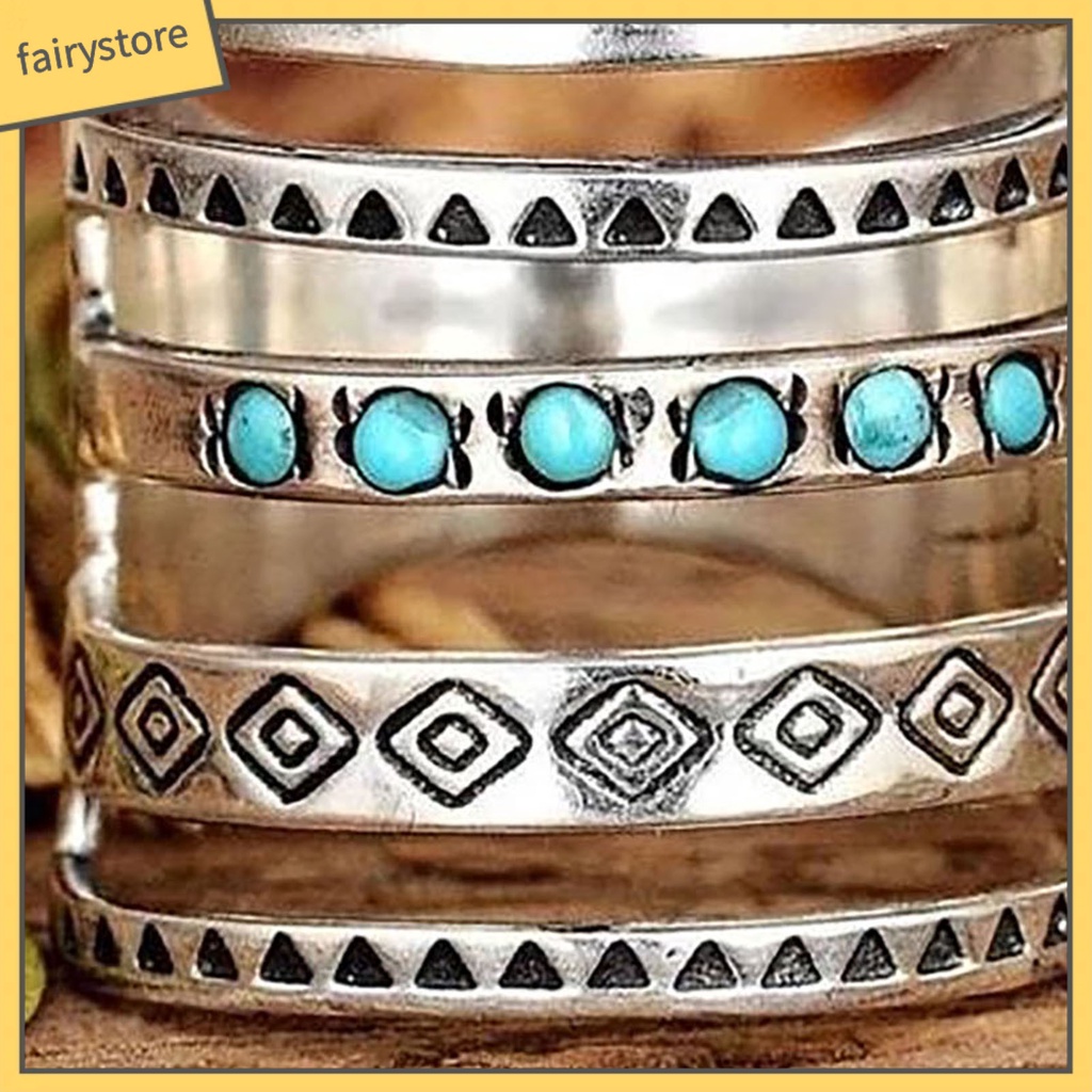 [Fairy1] Nhẫn Nhiều Lớp Họa Tiết Biểu Tượng Đính Đá Ngọc Lam Phong Cách Bohomian Cho Nữ