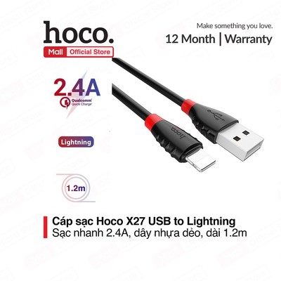 Cáp sạc 2.4A Hoco X27 USB to IP dây TPE dùng cho ip7/8/X/11/12 dẻo siêu bền dài 120CM