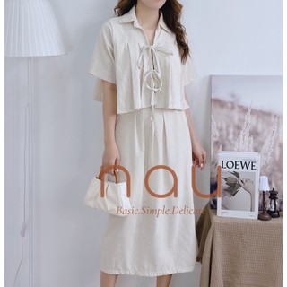 Set linen áo phối dây cột chân váy midi