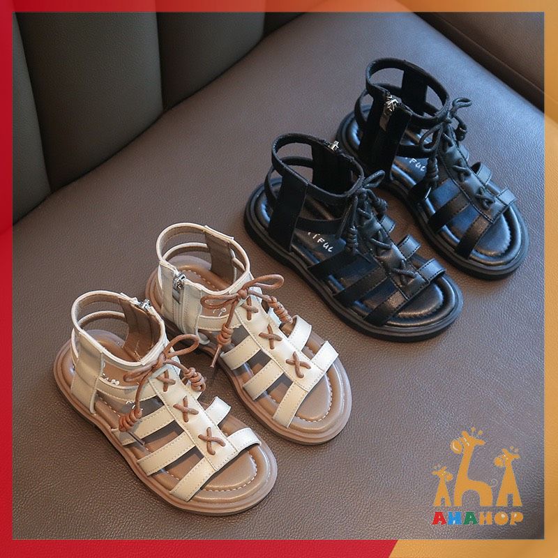 Dép sandal chiến binh cho bé gái chất da PU khóa kéo phối dây đan chéo thắt nơ đáng yêu cho bé từ 3-8 tuổi B11