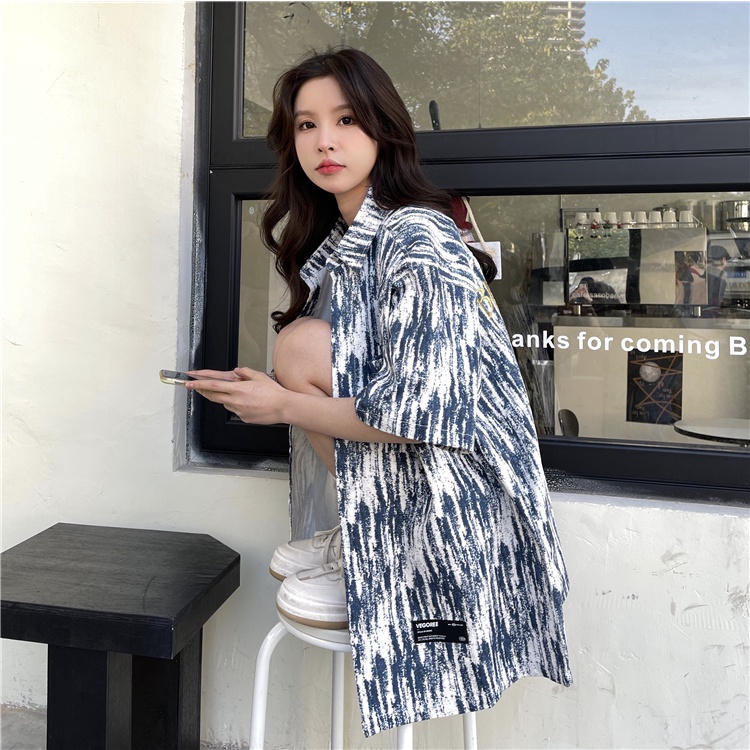 Áo Sơ Mi Ngắn Tay Nhuộm Màu Họa Tiết Bông Tuyết Vintage Hàn Quốc Mùa Hè Cho Nữ