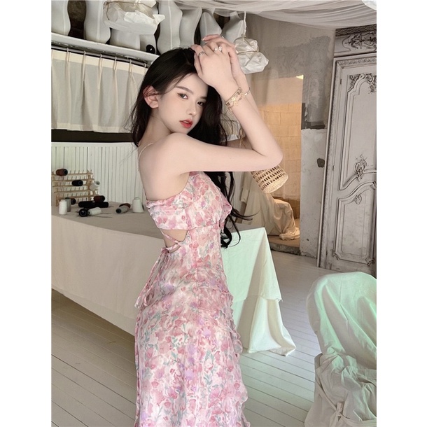 Váy hoa nhí hai dây xẻ tà phong cách Pháp V21H