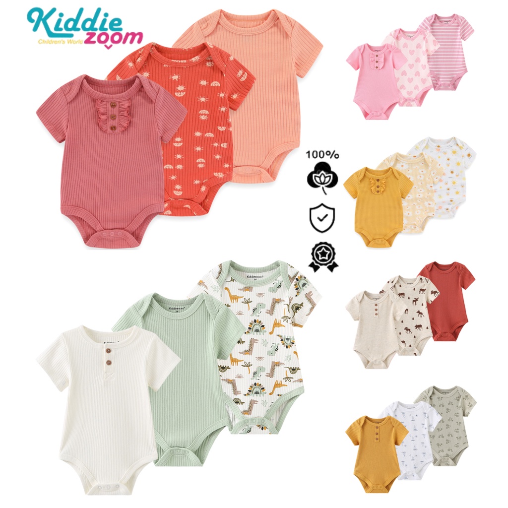 Bộ 3 Món Áo Liền Quần Bằng cotton Dệt Kim Tay Cộc In Hoạt Hình Mừng Năm Mới Cho Bé Sơ Sinh