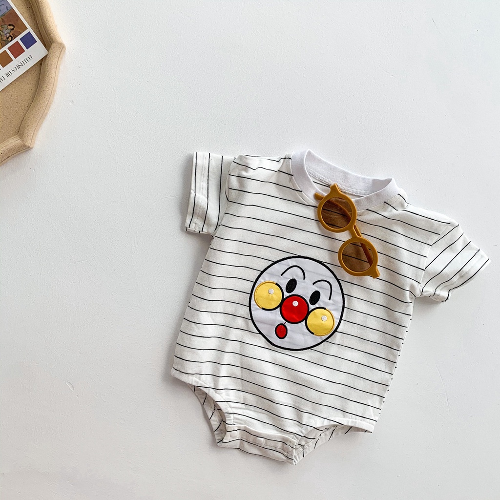 Bộ Áo Liền Quần Tay Ngắn Họa Tiết Hoạt Hình Kẻ Sọc Thời Trang Mùa Hè Cho Bé Sơ Sinh