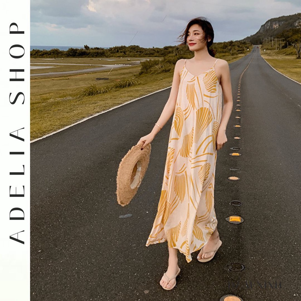 「ADELIA」Đầm Maxi Cổ V Đi Biển Dáng Dài Màu Vàng Nhạt Kèm Dây Đai Chất Voan Lụa Mịn 2 Lớp Loại 1 DH38