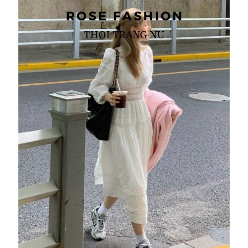 Đầm Tiểu Thư Dáng Dài, Váy Nữ Maxi Đi Biển Midi Trắng Ren Bi Cổ Trụ Tay Dài